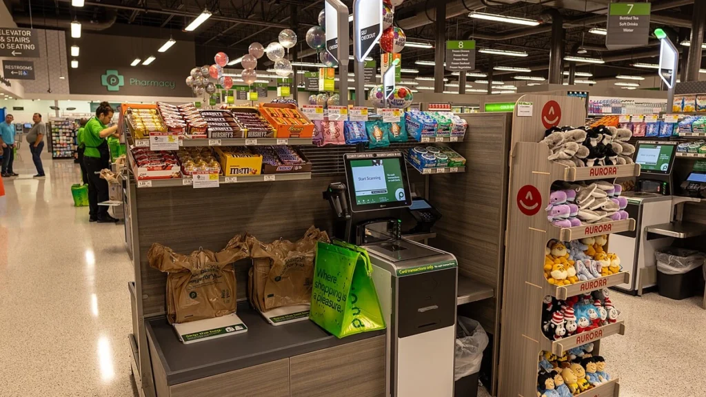 Self-checkout aisle inside a Publix supermarket in Orlando, Florida.