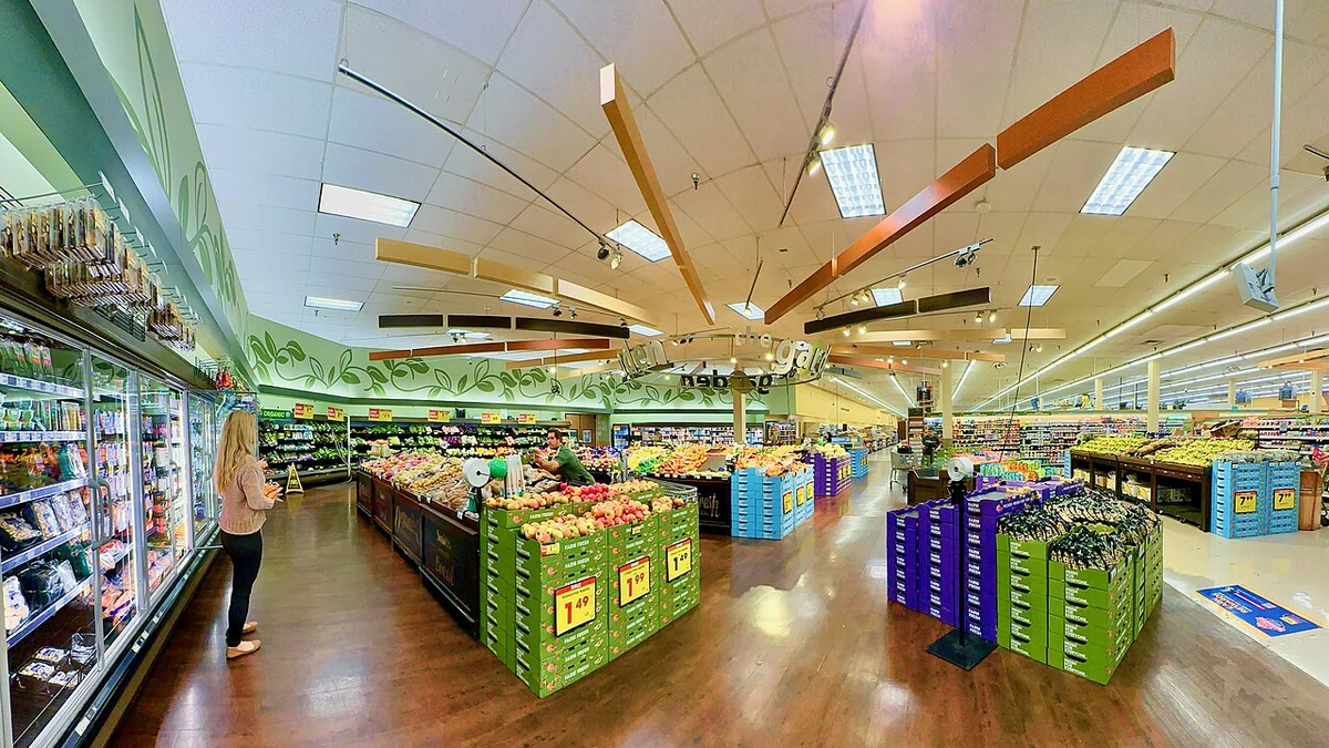 Interior of a Smith's supermarket in Las Vegas, Nevada, with produce displays and shoppers.