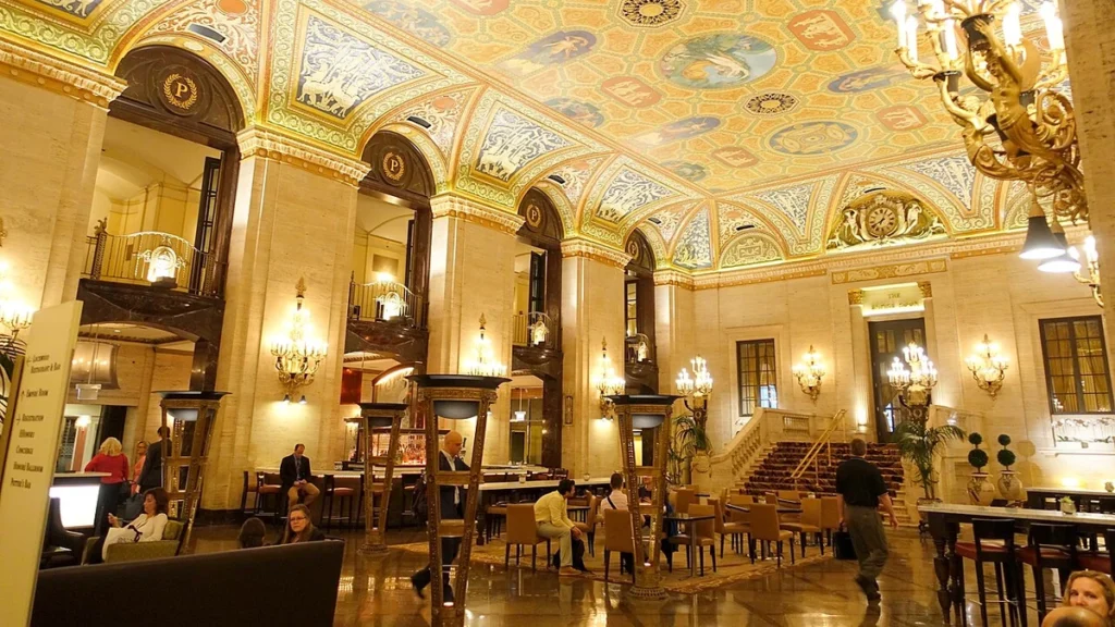 Hotel lobby at the Palmer House in Chicago, Illinois.