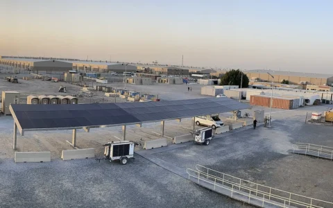Solar panels and microgrid equipment at Camp Arifjan in Kuwait.