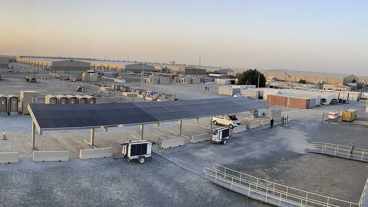 Solar panels and microgrid equipment at Camp Arifjan in Kuwait.