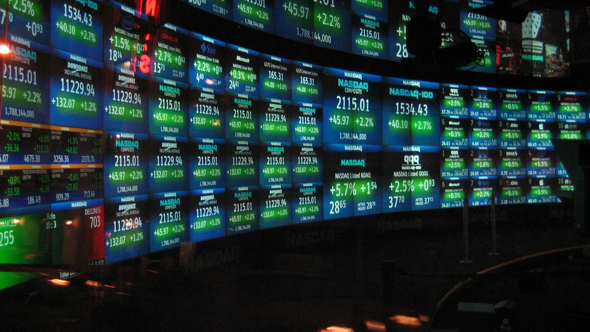 NASDAQ MarketSite television studio screens in Times Square.