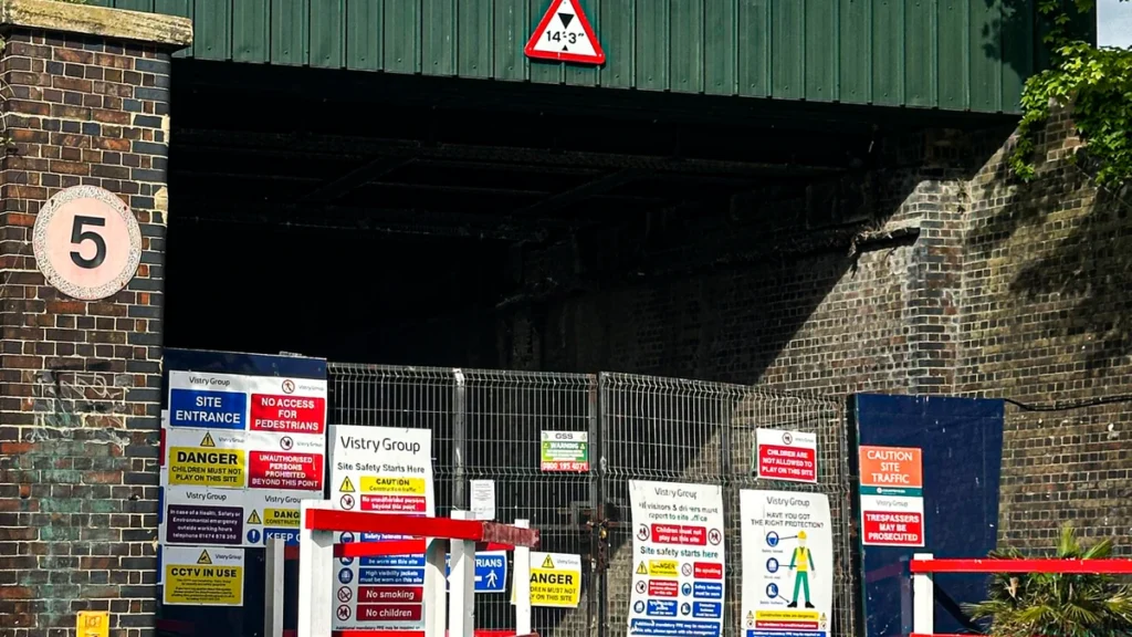 Vistry Group construction site entrance with safety signage at Rochester Riverside in Kent.