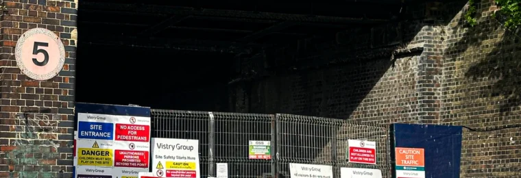 Vistry Group construction site entrance with safety signage at Rochester Riverside in Kent.