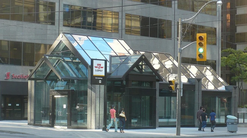 Street-level entrance at 145 King Street West in Toronto.