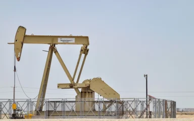 Weatherford International pumpjack at an oil field site in Bahrain.