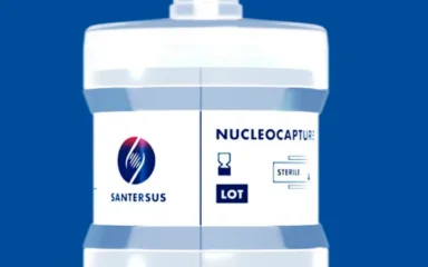 Santersus NucleoCapture therapeutic apheresis column on a blue background.
