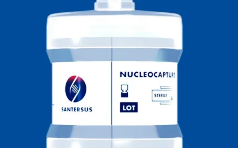 Santersus NucleoCapture therapeutic apheresis column on a blue background.