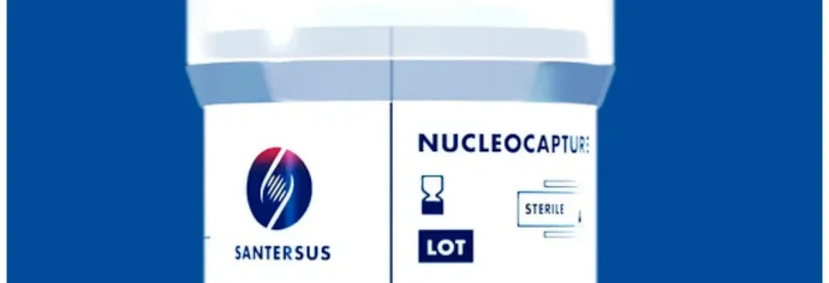 Santersus NucleoCapture therapeutic apheresis column on a blue background.