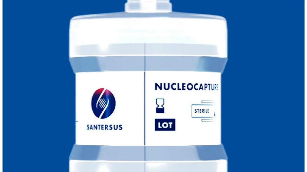 Santersus NucleoCapture therapeutic apheresis column on a blue background.