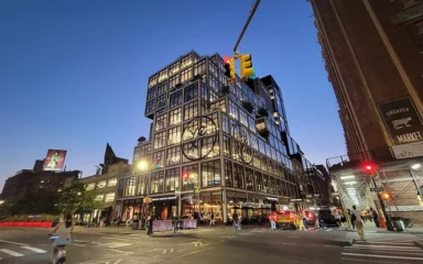 Yext Building at 61 Ninth Avenue in Manhattan at night.