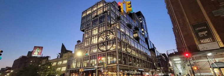 Yext Building at 61 Ninth Avenue in Manhattan at night.