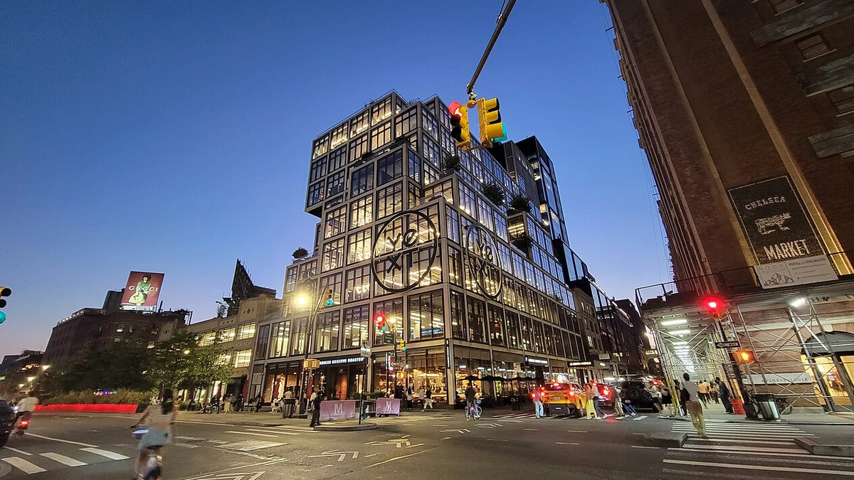 Yext Building at 61 Ninth Avenue in Manhattan at night.