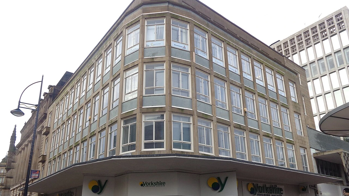 Yorkshire Building Society branch at the junction of Bank Street and Broadway in Bradford.