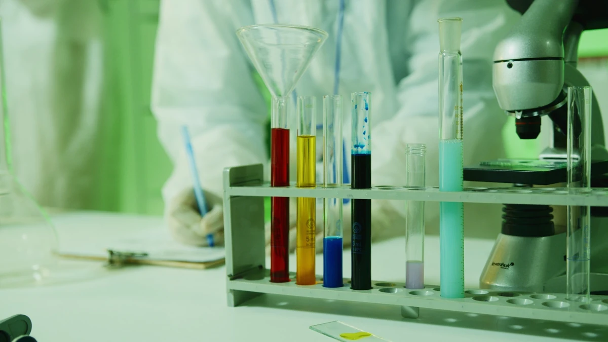 Colored liquids in laboratory test tubes beside a microscope, with a researcher in the background.