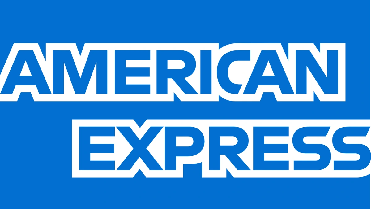 American Express logo in white on a blue background.