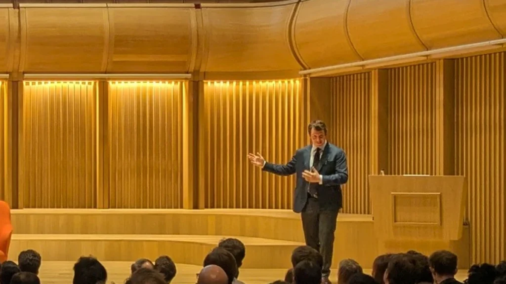 Anthropic co-founder Jack Clark speaking onstage to an audience at Oxford’s Schwarzman Centre.