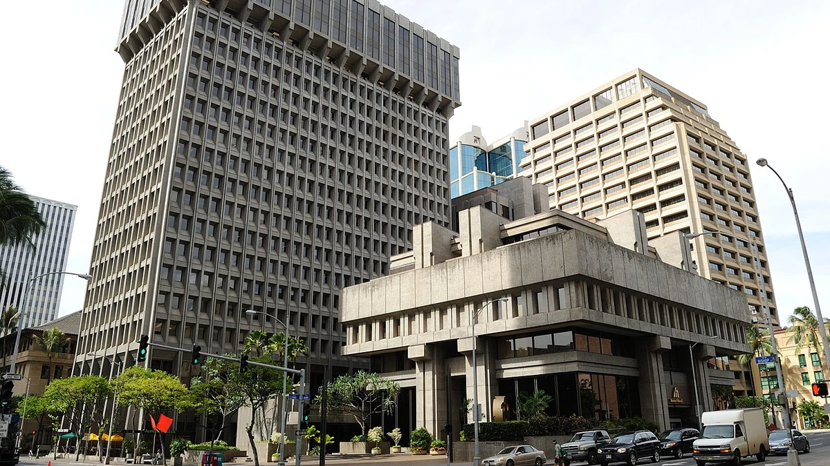 Bank of Hawaii building and neighboring high-rises in downtown Honolulu, viewed from the street.