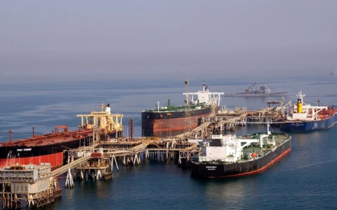Oil tankers alongside loading berths at Iraq's Al Basra Oil Terminal in the northern Arabian Gulf.
