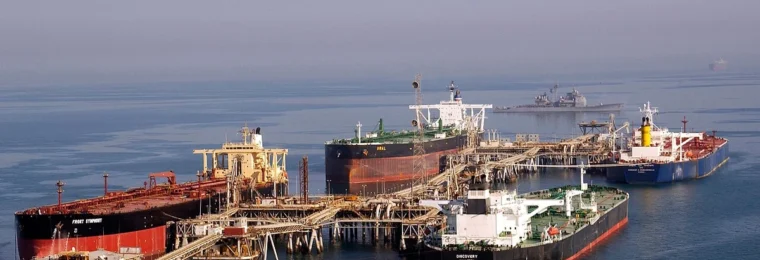 Oil tankers alongside loading berths at Iraq's Al Basra Oil Terminal in the northern Arabian Gulf.