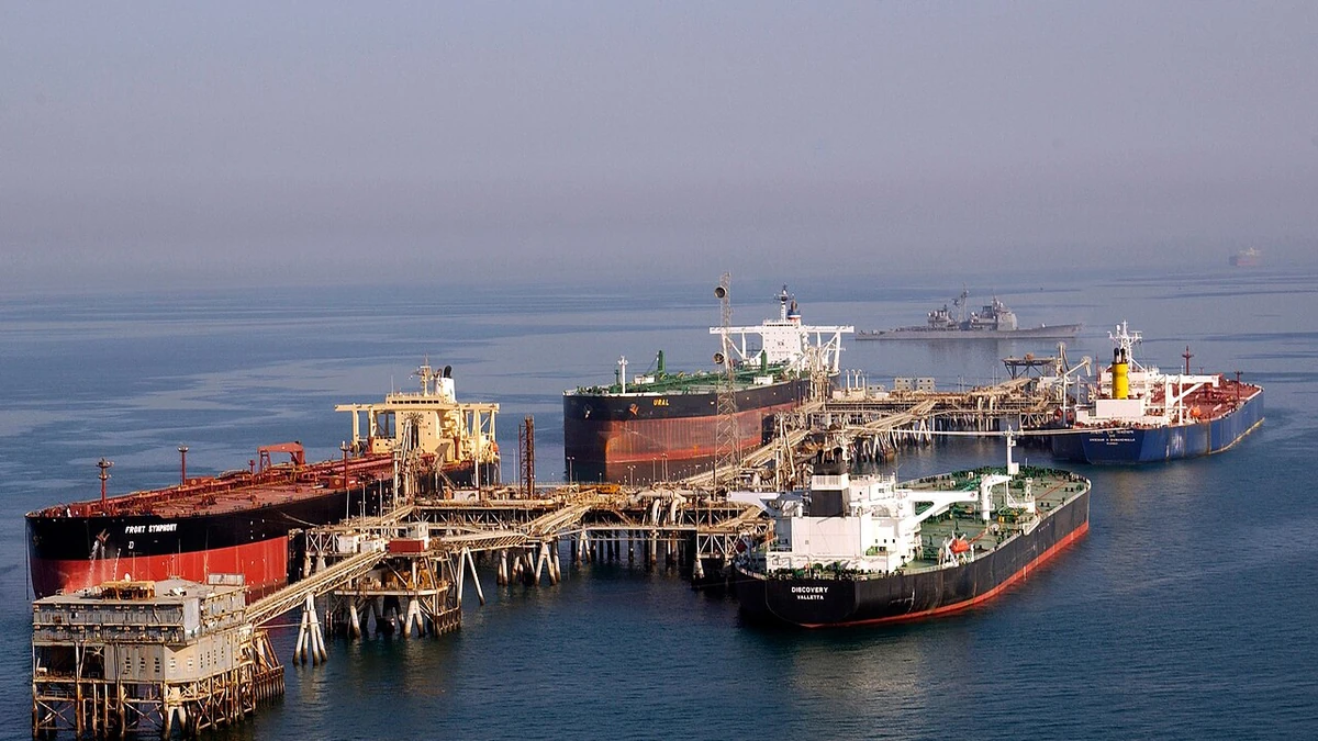 Oil tankers alongside loading berths at Iraq's Al Basra Oil Terminal in the northern Arabian Gulf.