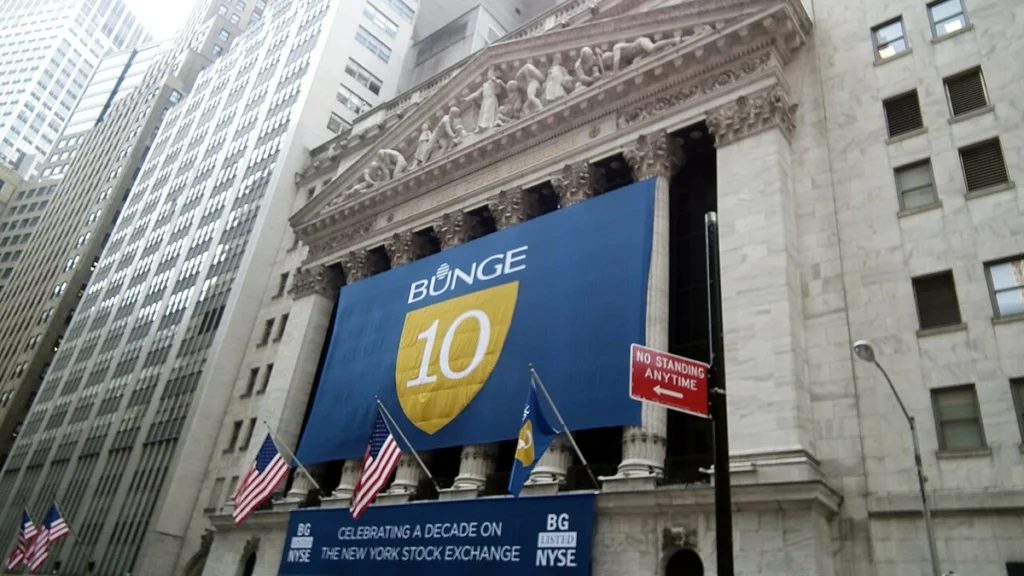 Bunge banner displayed on the New York Stock Exchange building on Wall Street.