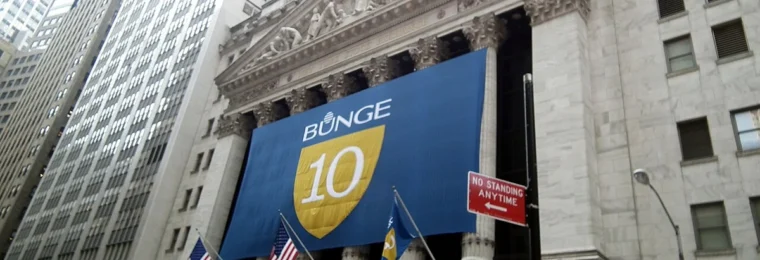 Bunge banner displayed on the New York Stock Exchange building on Wall Street.
