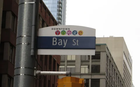 Bay Street street sign in Toronto's financial district, with buildings and a traffic signal in the background.