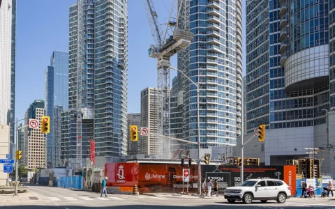 Construction crane at the Q Tower condominium development site in downtown Toronto, Ontario.