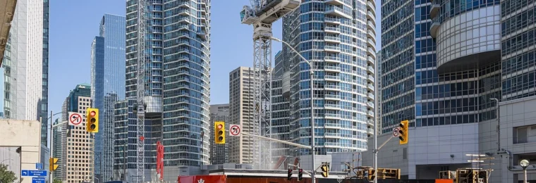 Construction crane at the Q Tower condominium development site in downtown Toronto, Ontario.