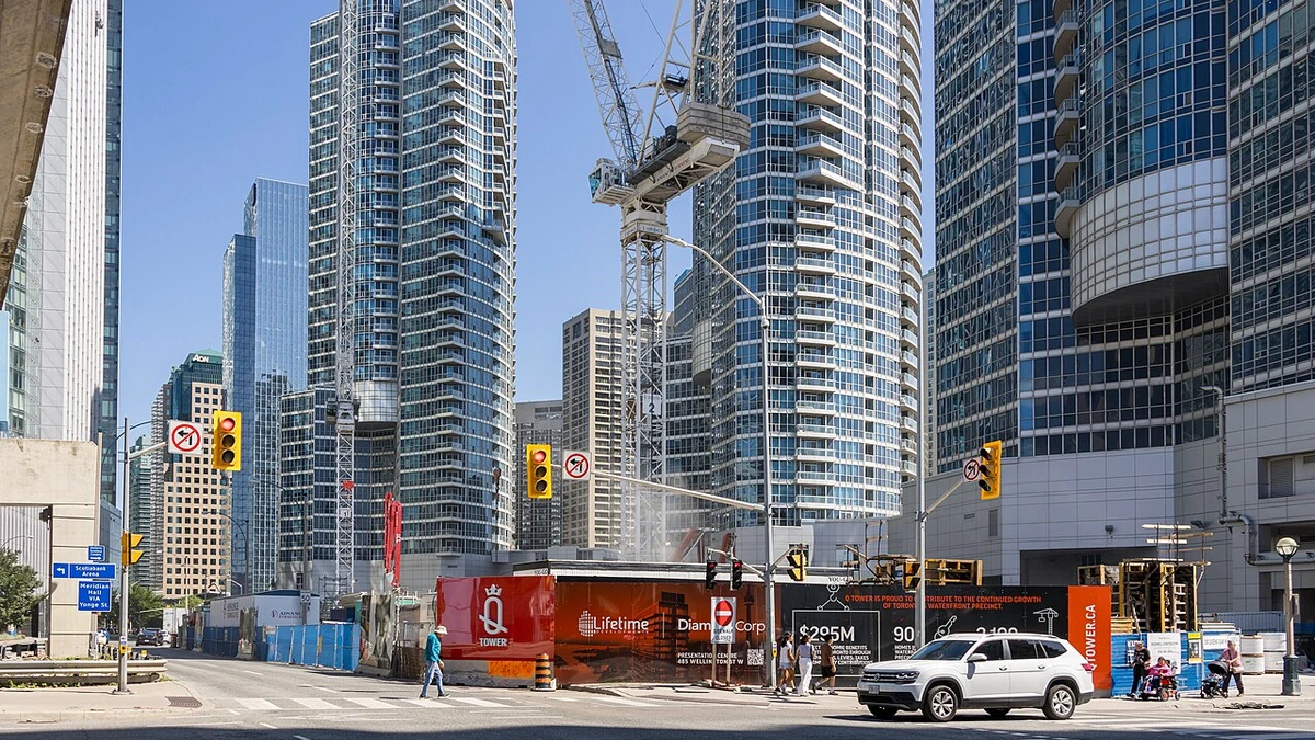 Construction crane at the Q Tower condominium development site in downtown Toronto, Ontario.