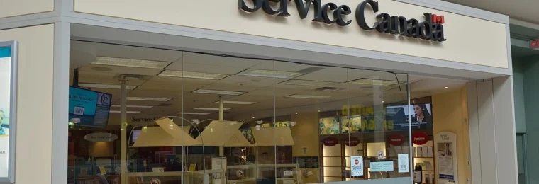 Entrance to a Service Canada office in Malvern Town Centre, Toronto, with Service Canada signage above the glass storefront.