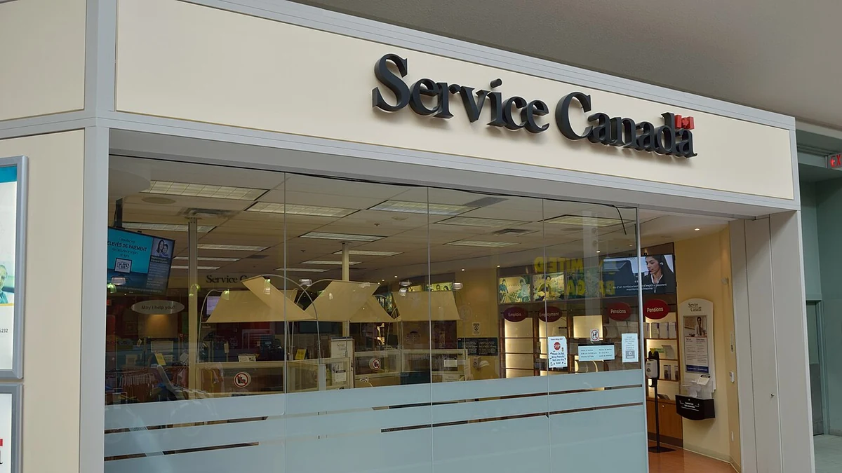 Entrance to a Service Canada office in Malvern Town Centre, Toronto, with Service Canada signage above the glass storefront.