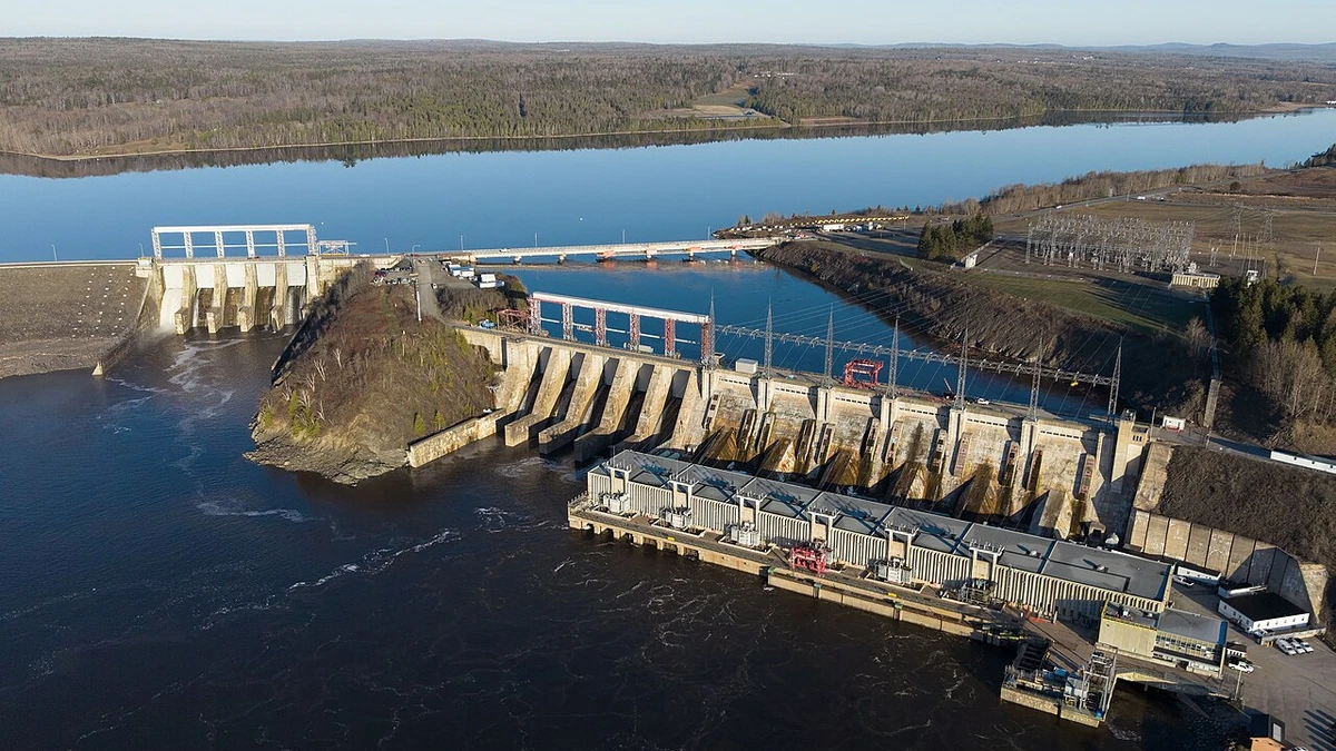 Aerial view of Mactaquac Dam and its hydroelectric generating station on the Saint John River in New Brunswick.