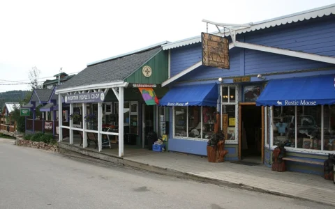 A row of shops and storefronts along a street in Nederland, Colorado.
