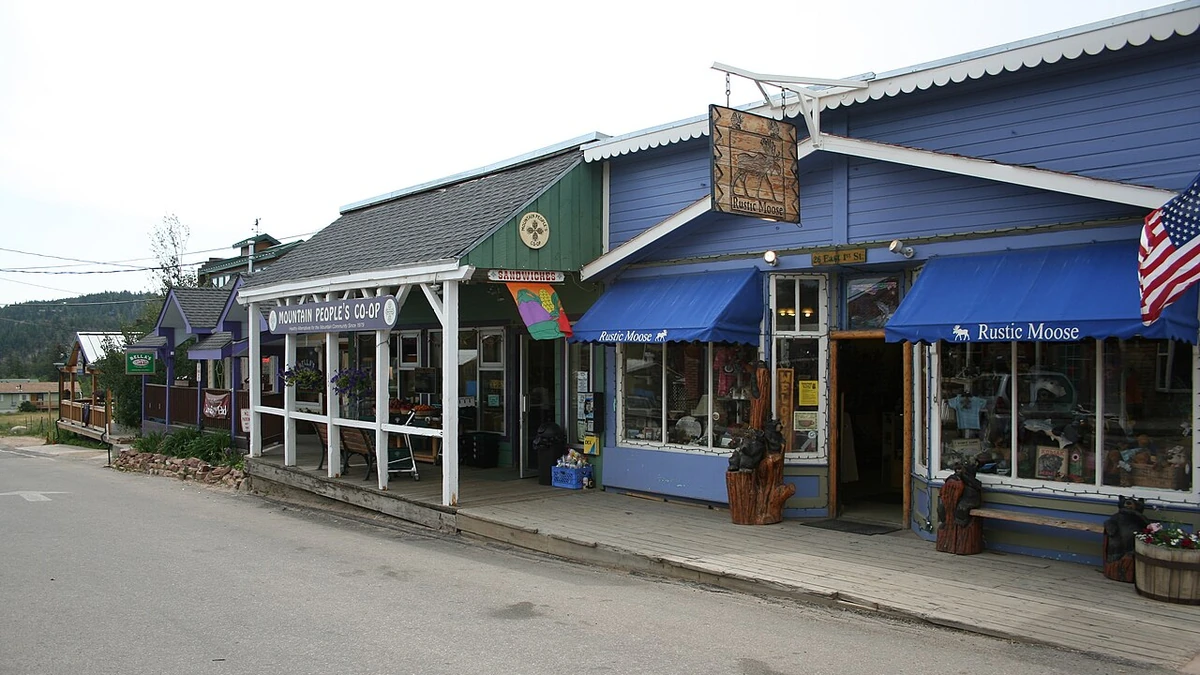 A row of shops and storefronts along a street in Nederland, Colorado.