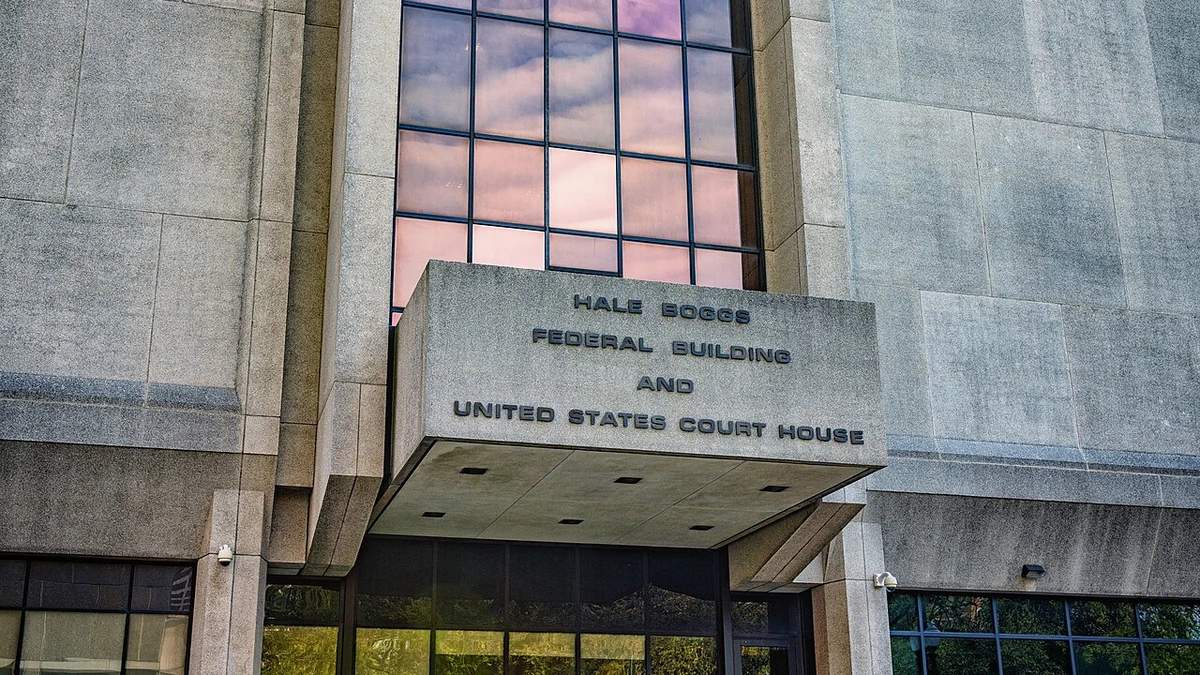 Entrance canopy of the Hale Boggs Federal Building and United States Courthouse in New Orleans.