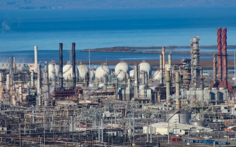 Chevron's Richmond refinery with processing equipment and storage tanks in front of San Pablo Bay in California.