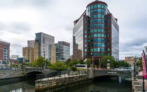 One Citizens Plaza building beside a river in downtown Providence, Rhode Island.