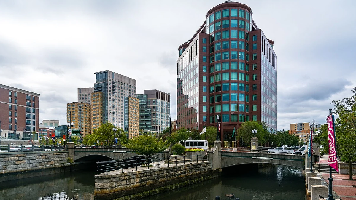 One Citizens Plaza building beside a river in downtown Providence, Rhode Island.