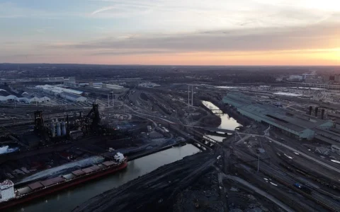 Aerial view of a Cleveland-Cliffs steel mill in Cleveland's industrial flats along the Cuyahoga River.
