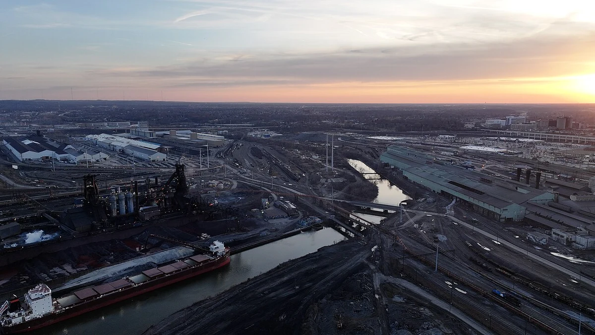 Aerial view of a Cleveland-Cliffs steel mill in Cleveland's industrial flats along the Cuyahoga River.