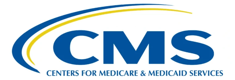 Official CMS logo with blue agency initials, curved blue and yellow bands, and the full agency name.