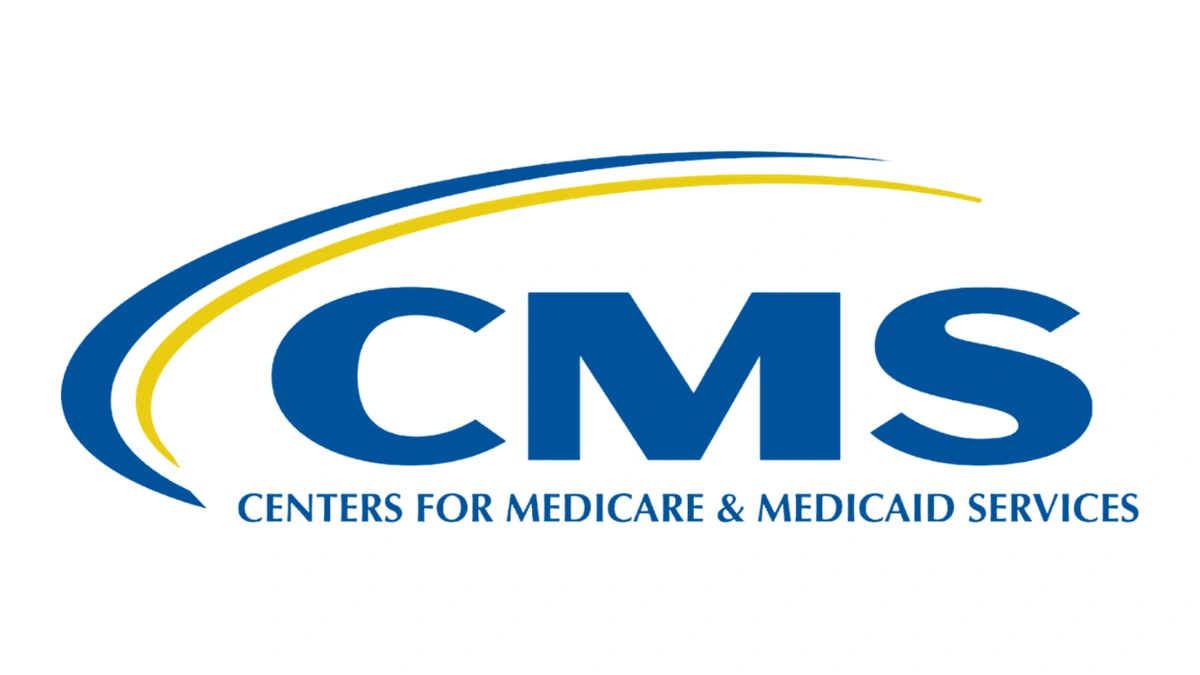 Official CMS logo with blue agency initials, curved blue and yellow bands, and the full agency name.