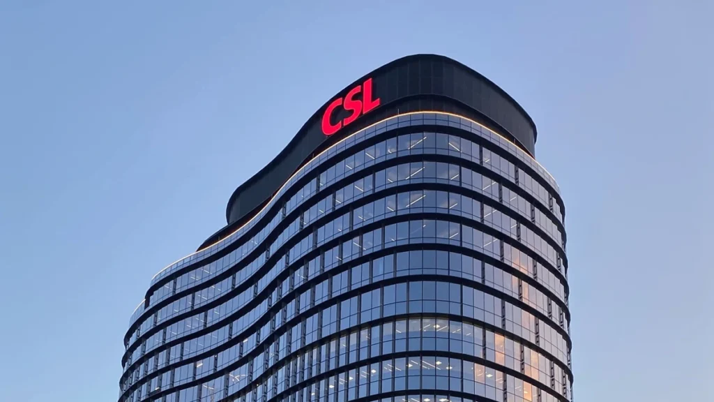 CSL Global Headquarters building in Parkville, Victoria, Australia, with CSL signage at the top.
