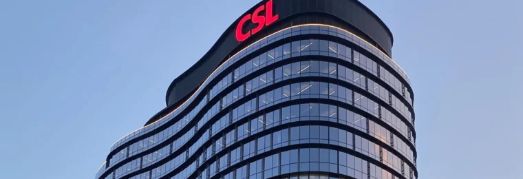 CSL Global Headquarters building in Parkville, Victoria, Australia, with CSL signage at the top.