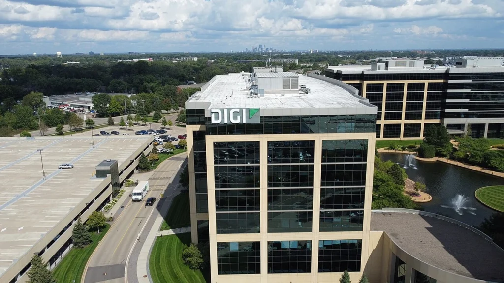 Aerial view of Digi International headquarters in Hopkins, Minnesota, with the Digi sign on the building.