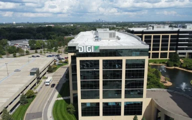 Aerial view of Digi International headquarters in Hopkins, Minnesota, with the Digi sign on the building.