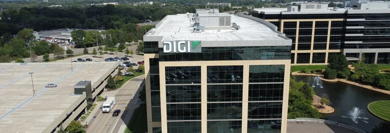 Aerial view of Digi International headquarters in Hopkins, Minnesota, with the Digi sign on the building.