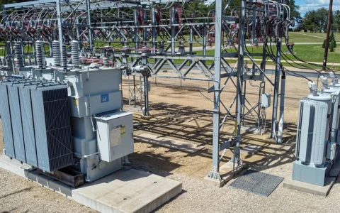 Power transformers, insulators and electrical equipment at an outdoor substation in Wisconsin.